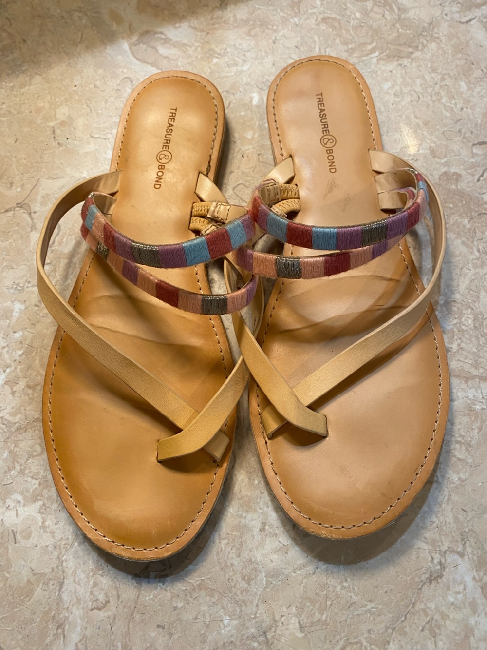 Treasure & Bond Tan Leather Sandals with Multicolor Woven Straps